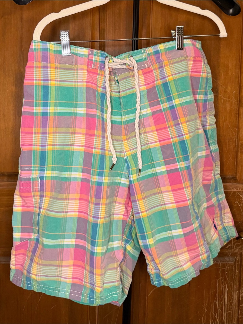 Polo Ralph Lauren Vintage Pastel Madras Plaid Swim Trunks Board Shorts Men W 32